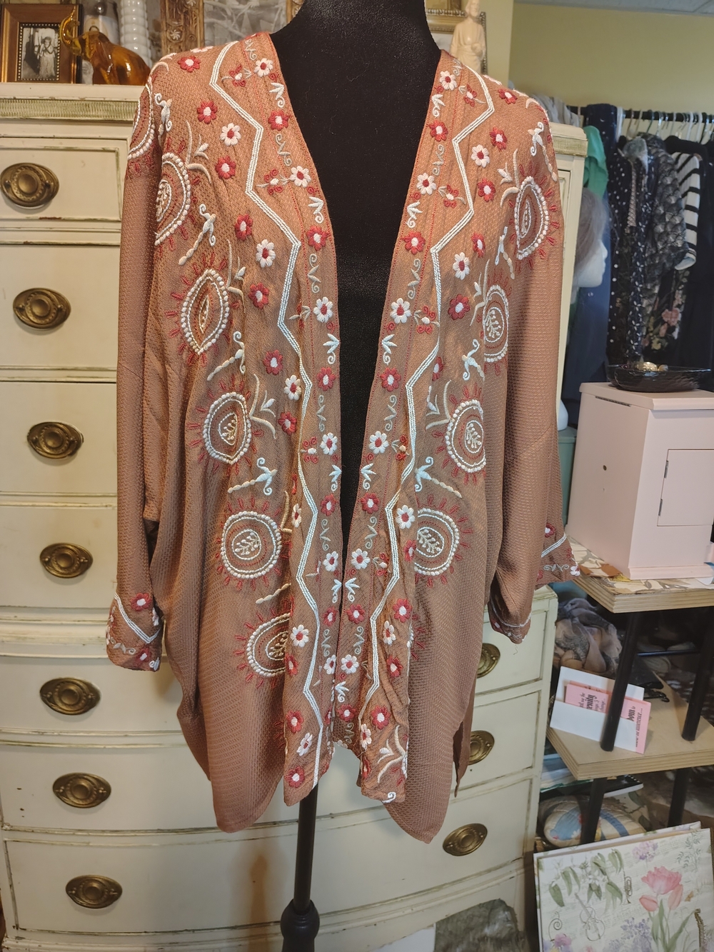 J. Jill Embroidered Open-Front Cardigan in Brown with White & Pink Accents